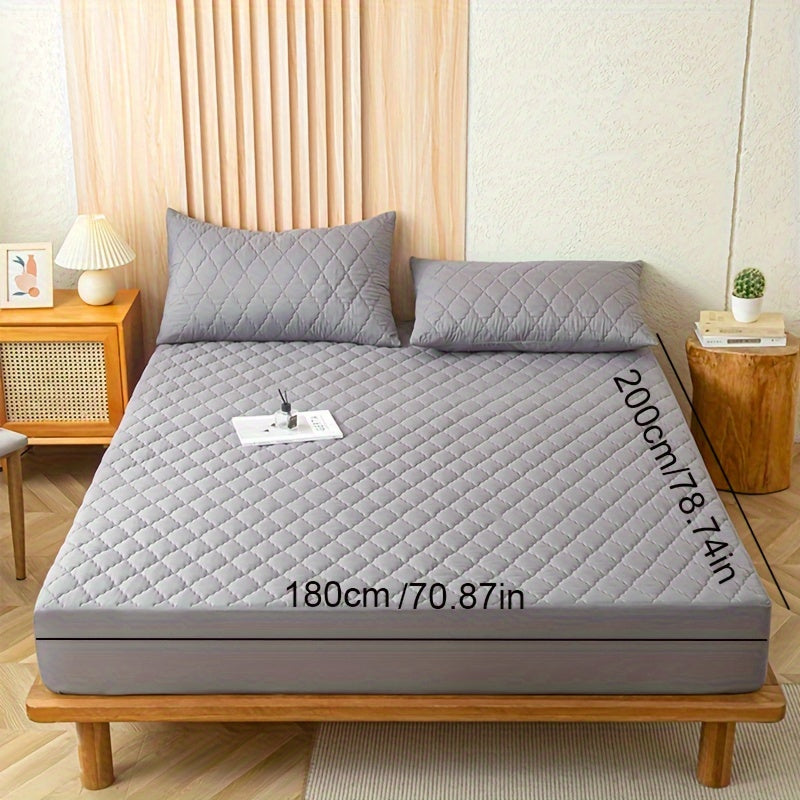Gray Waterproof Fitted Sheet with Layered Design Soft Frosted Fabric Mattress Cover Rhombus Grid
