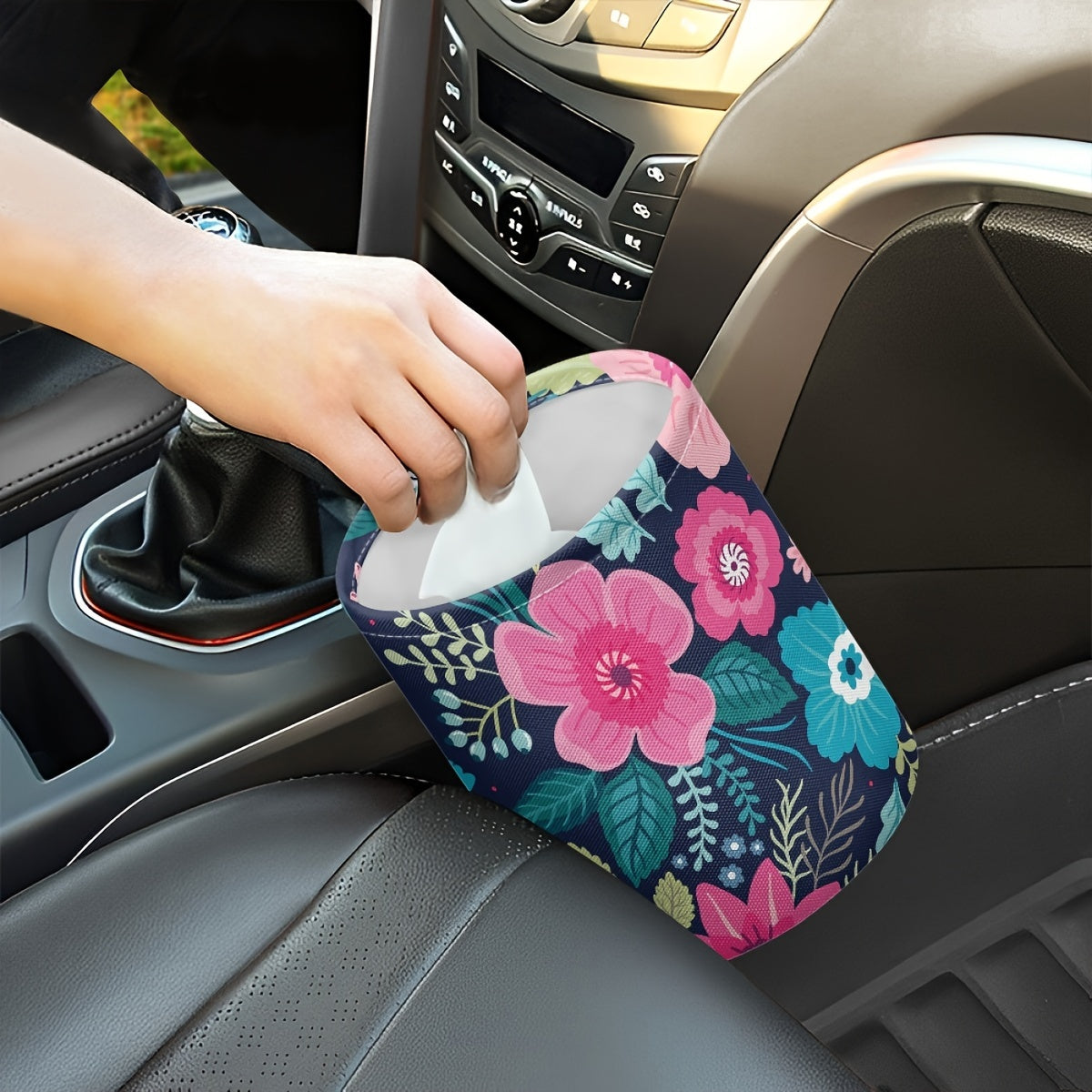 Pink Flowers Car Trash Can Dustbin for Travel and Interior Storage