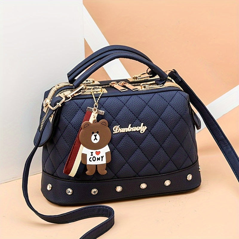 Women's Black Quilted Shoulder Bag with Bear Charm and Detachable Strap