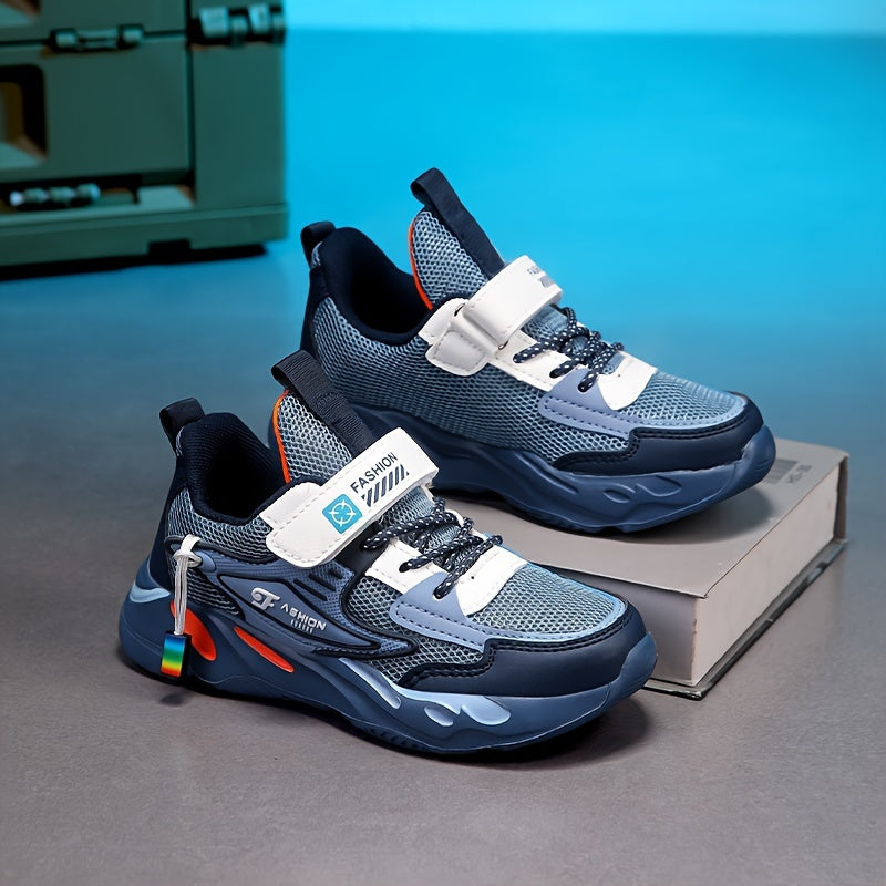 Boys' Breathable Running Sneakers with Geometric Pattern, Soft EVA Sole, Hook-and-Loop Closure