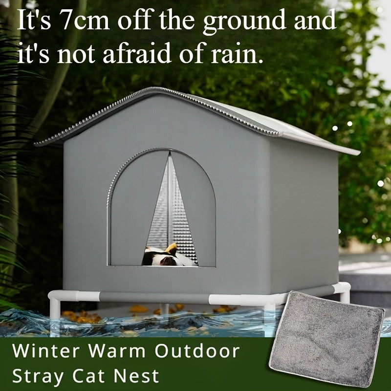 Outdoor Waterproof Cat Shelter with Stand and Warm Cushion for Stray Cats