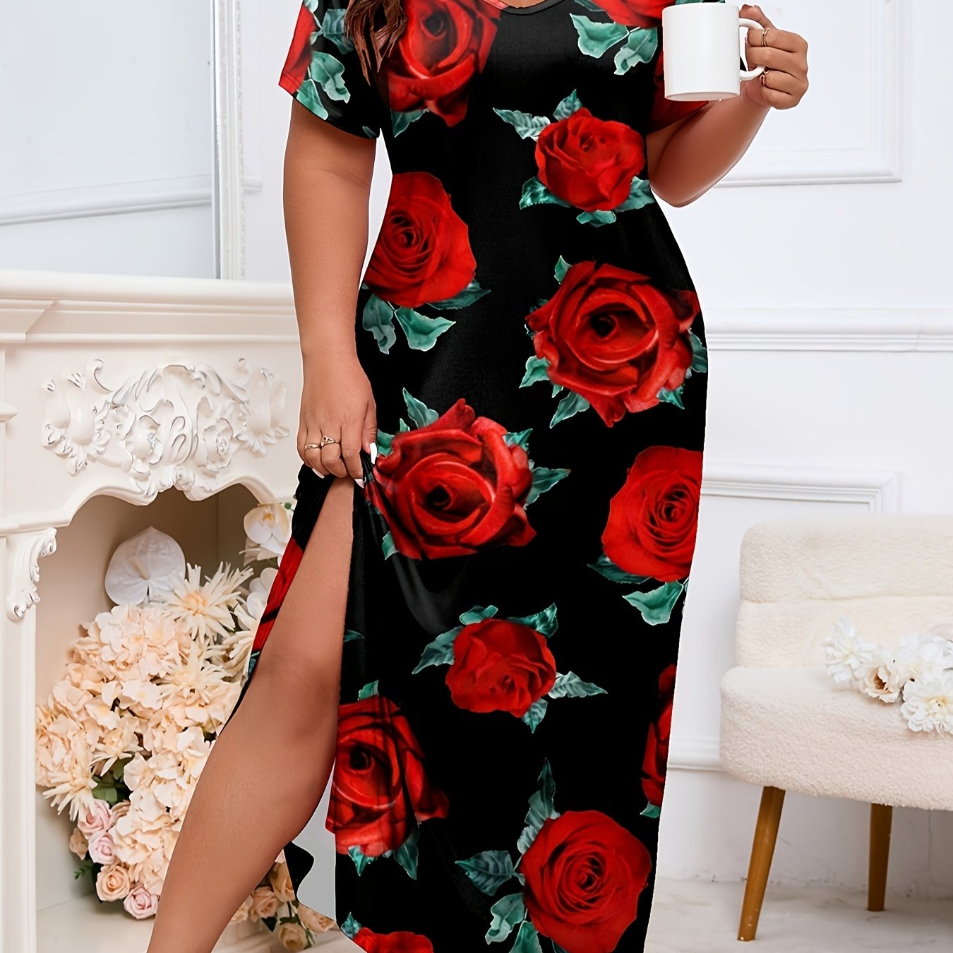 Plus Size Nightgown Polyester Knit V-Neck Short Sleeve Floral Sleepwear