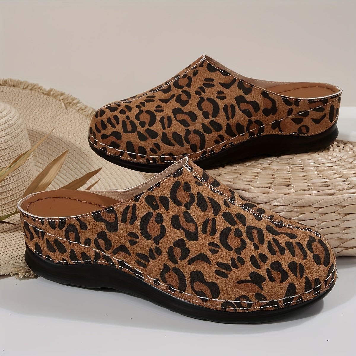 Women's Leopard Print Slip-On Mules Casual Shoes with Rubber Sole