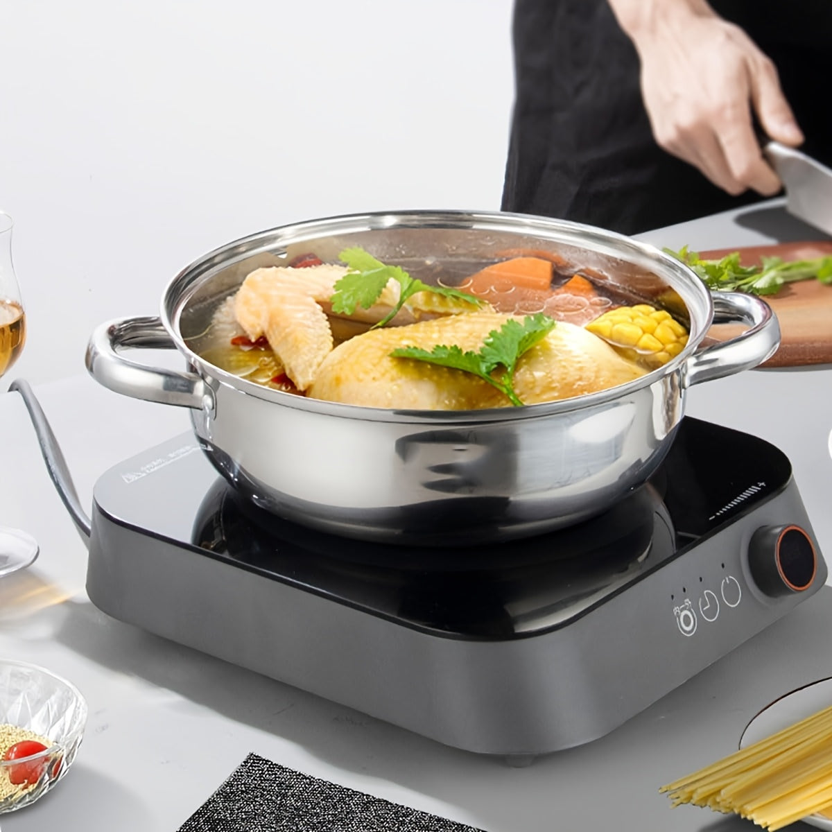 Stainless Steel 2-Tier Steamer Set with Glass Lid for Food and Vegetables Kitchen Cookware