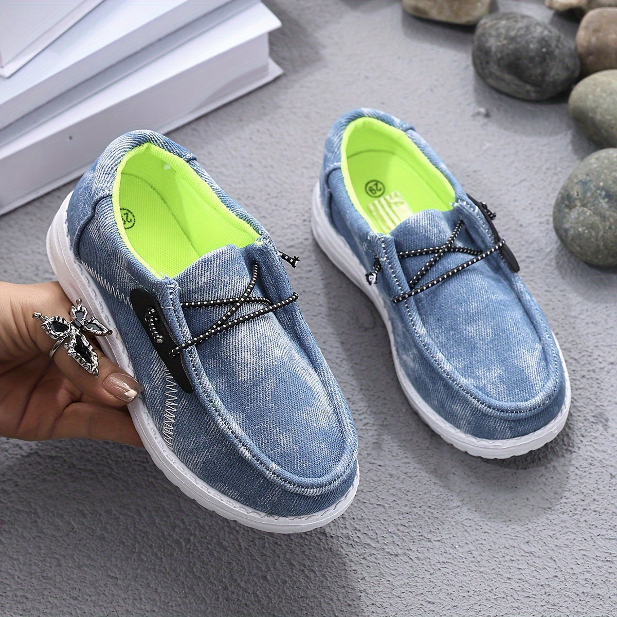 Boys Casual Sneakers with Elastic Laces Denim-Textured Canvas and EVA Sole for Spring and Fall