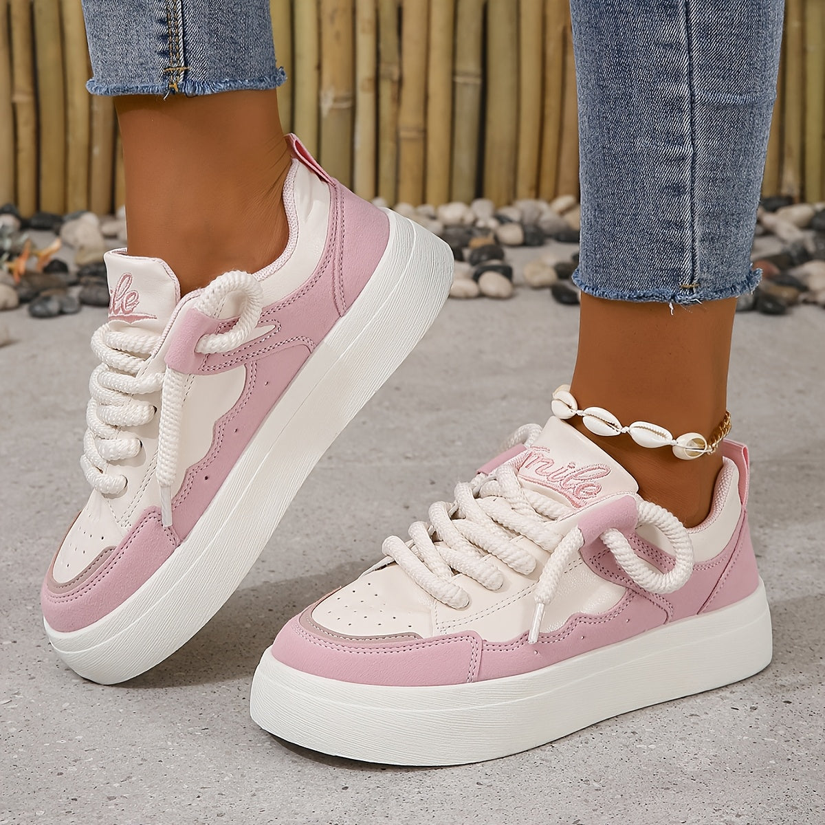 Zapatillas transpirables de malla para mujer blancas y rosas, calzado casual de caña baja