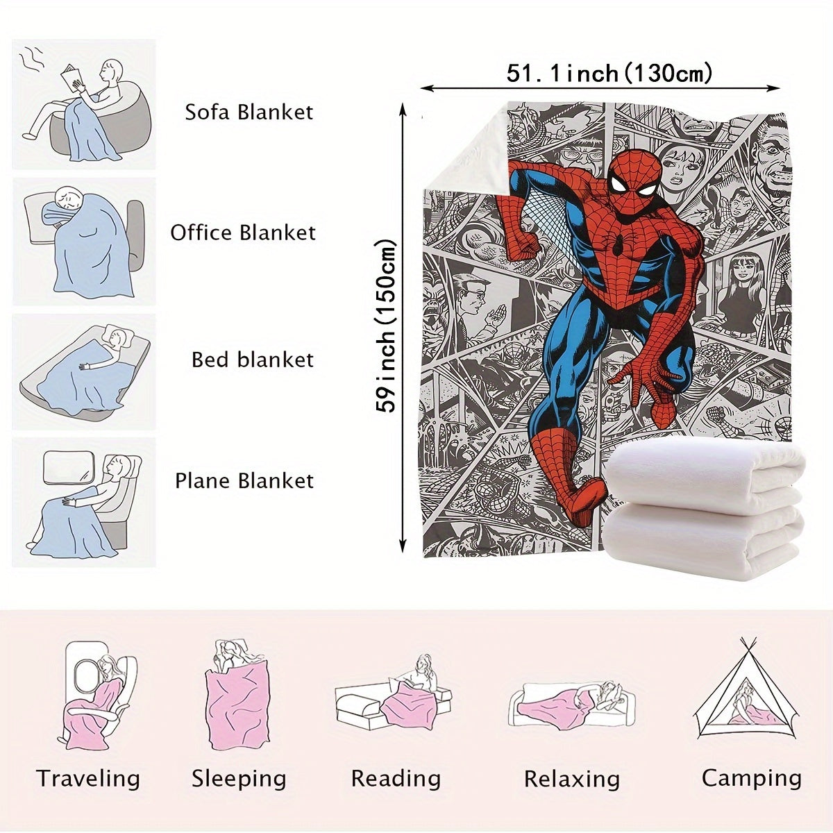Multifunctional Plush Blanket with Spider-Man City Chase Comic Pattern for Kids and Adults