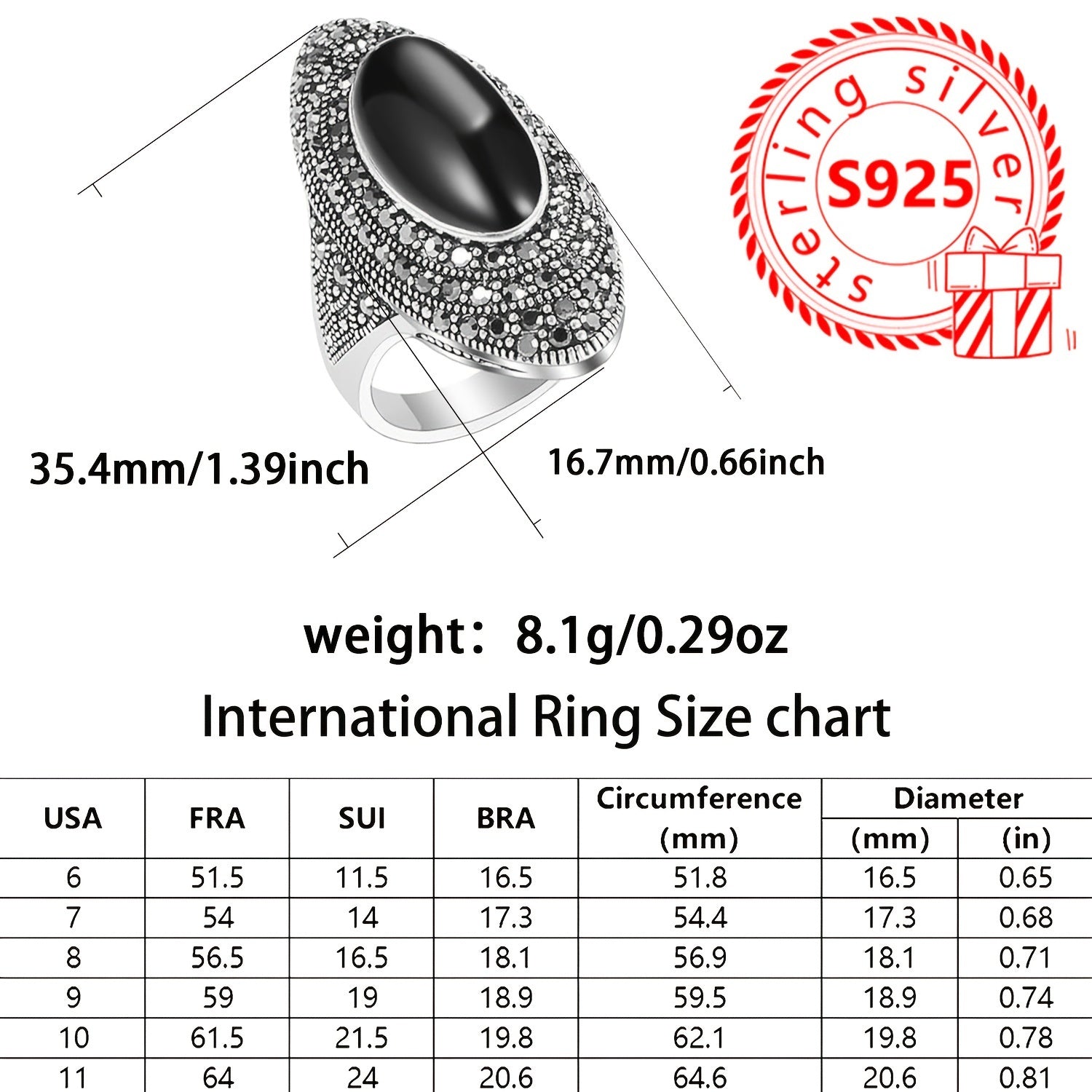 Women's Silver Ring with Black Agate Stone Inlay, Retro Style, 8.1g