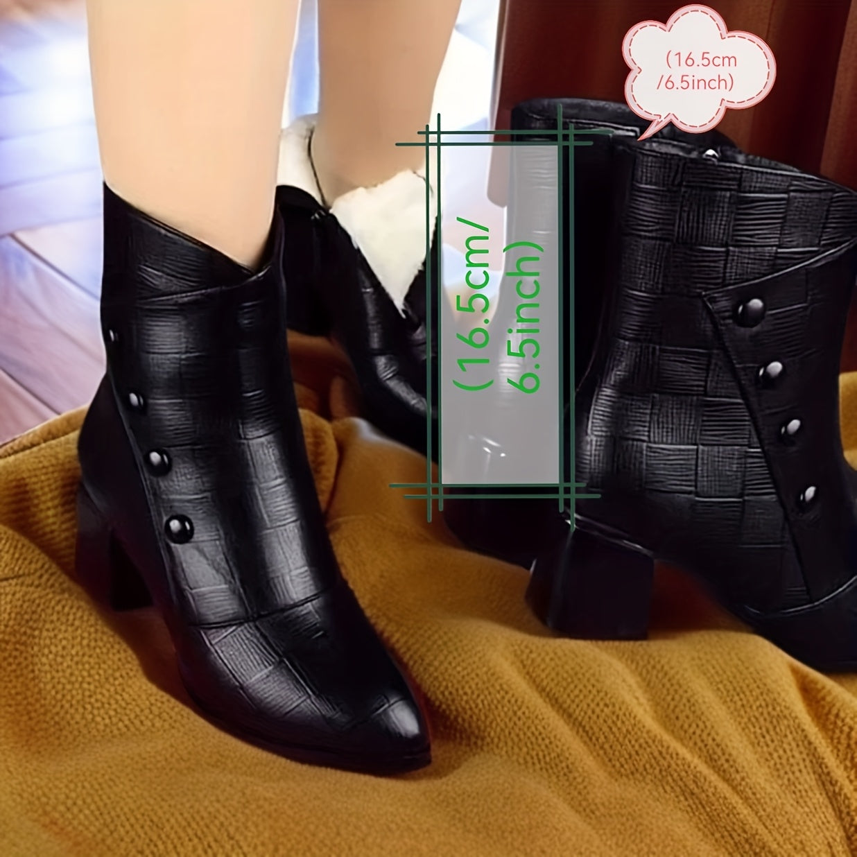 Women's Winter Mid-Calf Fleece Lined Chunky Heeled Outdoor Boots Black