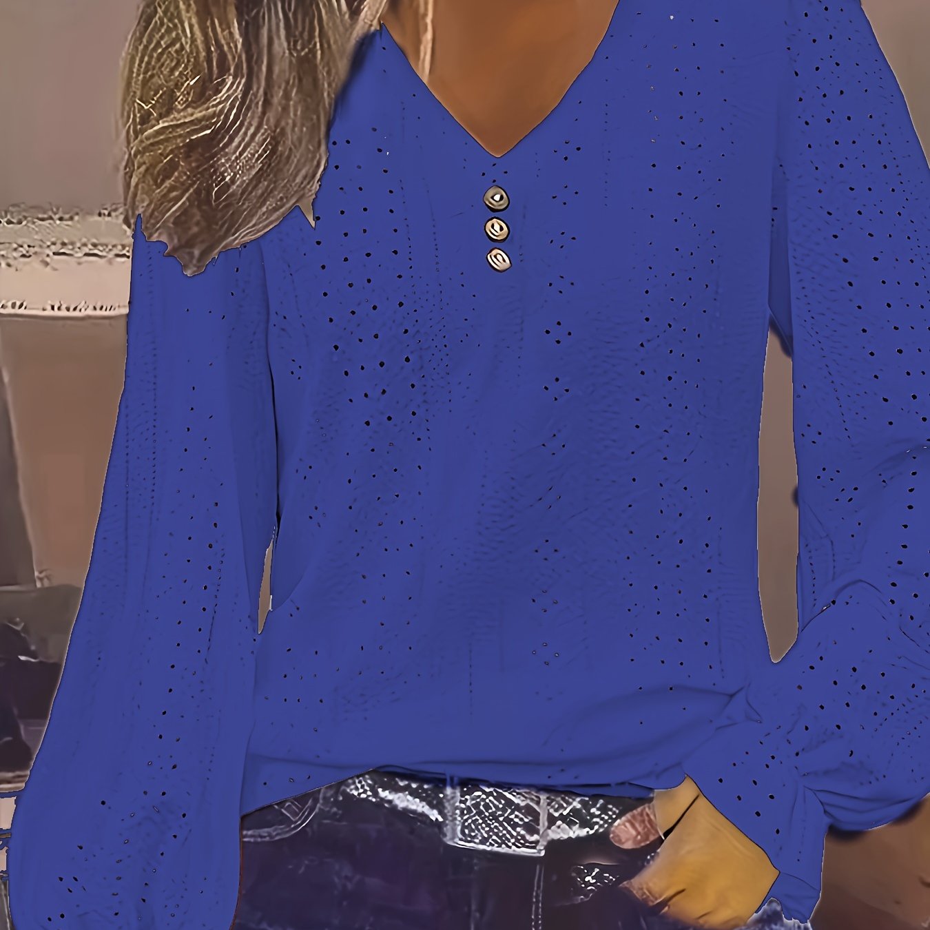 Plus Size Eyelet Button Decor T-Shirt Casual V Neck Long Sleeve Top