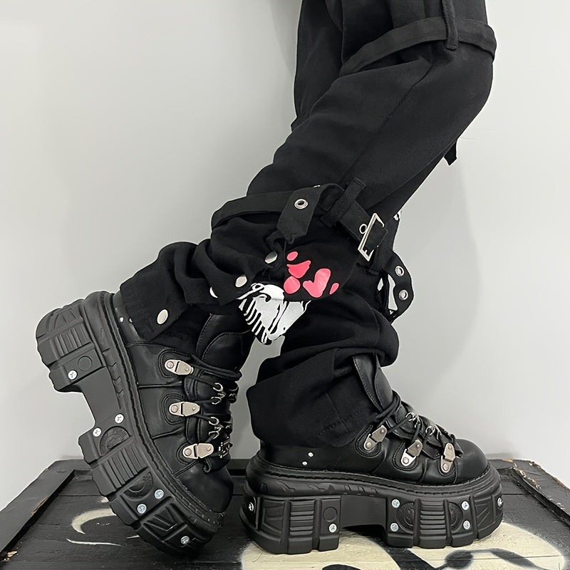 Women's Gothic Black High-Top Sneakers with Platform Heel Non-Slip Rubber Sole