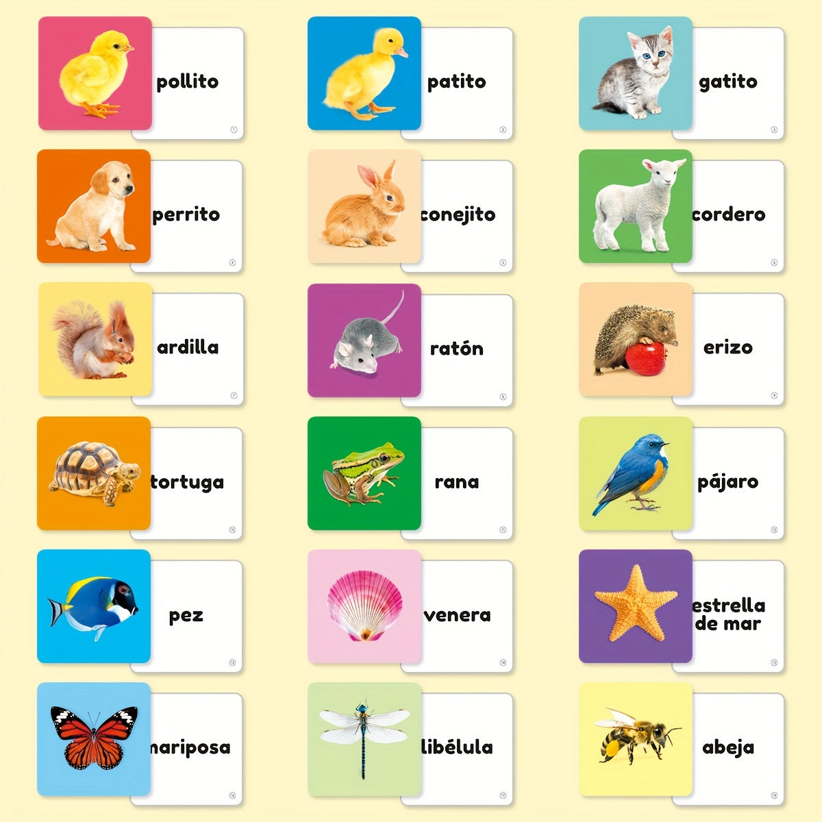 Juego de tarjetas de palabras de animales para niños en español con imágenes y esquinas redondeadas