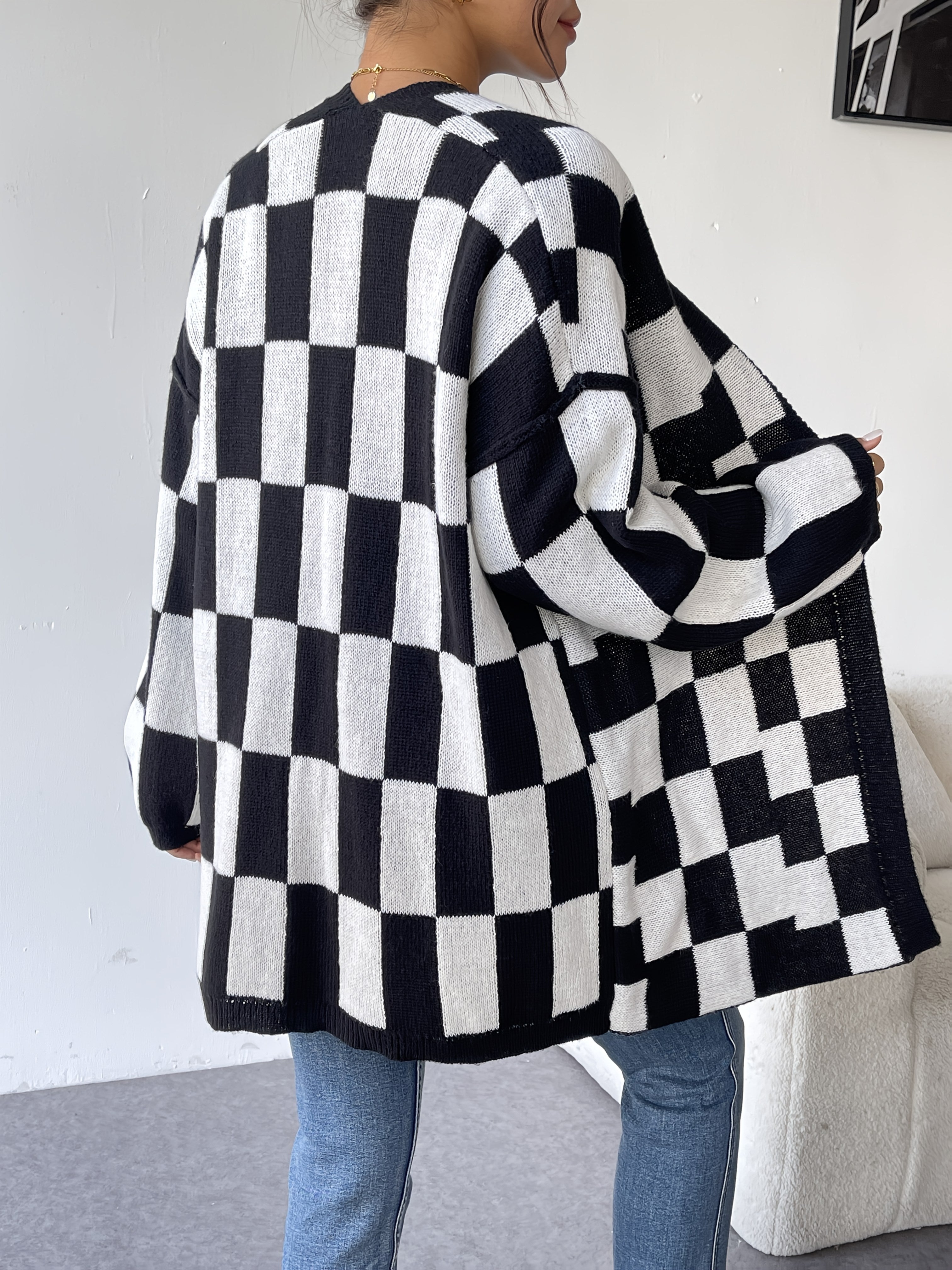 Women's Plus Size Black and White Checkered Open Front Cardigan Sweater