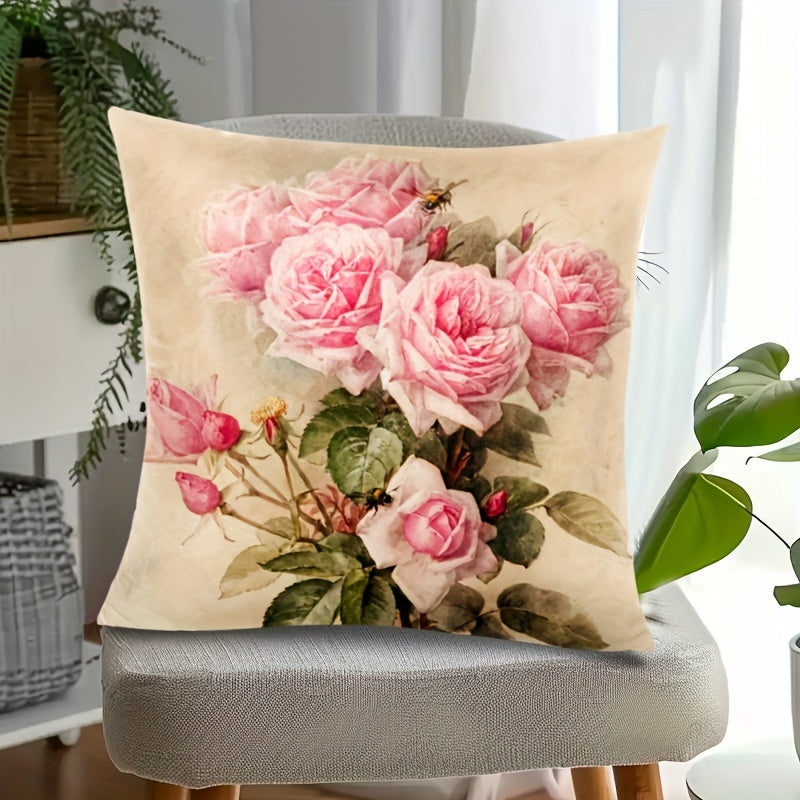 Square Cushion Cover Pink Rose Yellow Floral Shabby Chic Double-Sided Polyester Home Decor