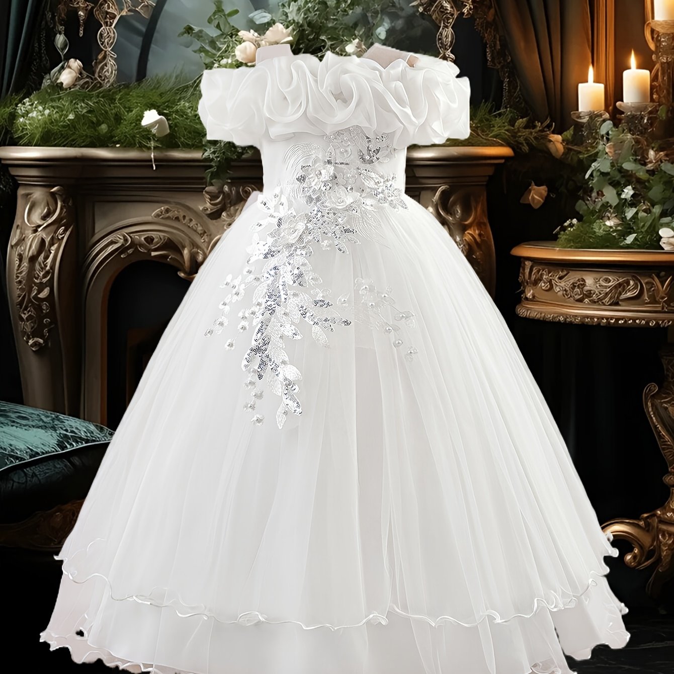 Girls' Long Embroidered Off-Shoulder Princess Dress with Pearl Tassels for Weddings and Parties