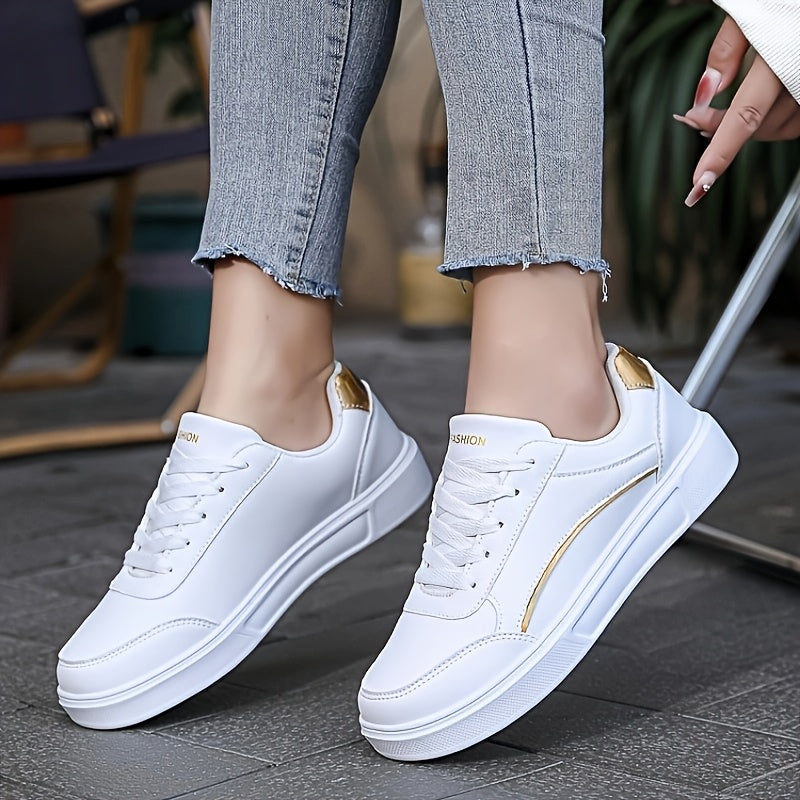 Women's Breathable White Sneakers - Lightweight Casual Shoes with Golden Accents
