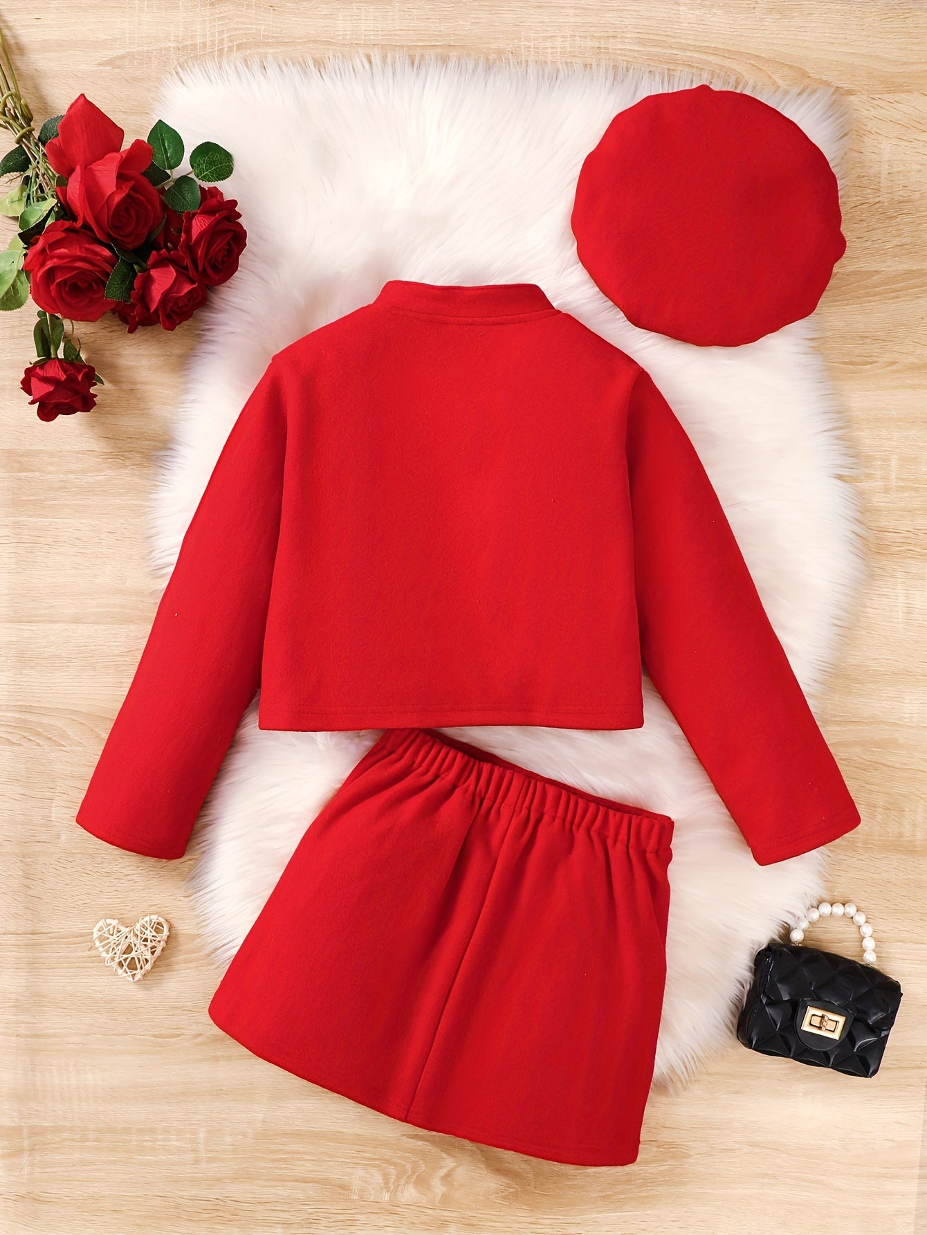 Girls Tween Chinese Style Fitted Short Skirt Set with Red Coat and Beret for Fall Winter