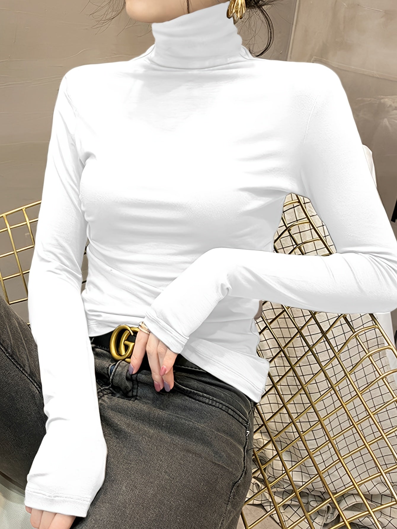 Women's High Neck Slim Fit Polyester Blouse for Fall Winter