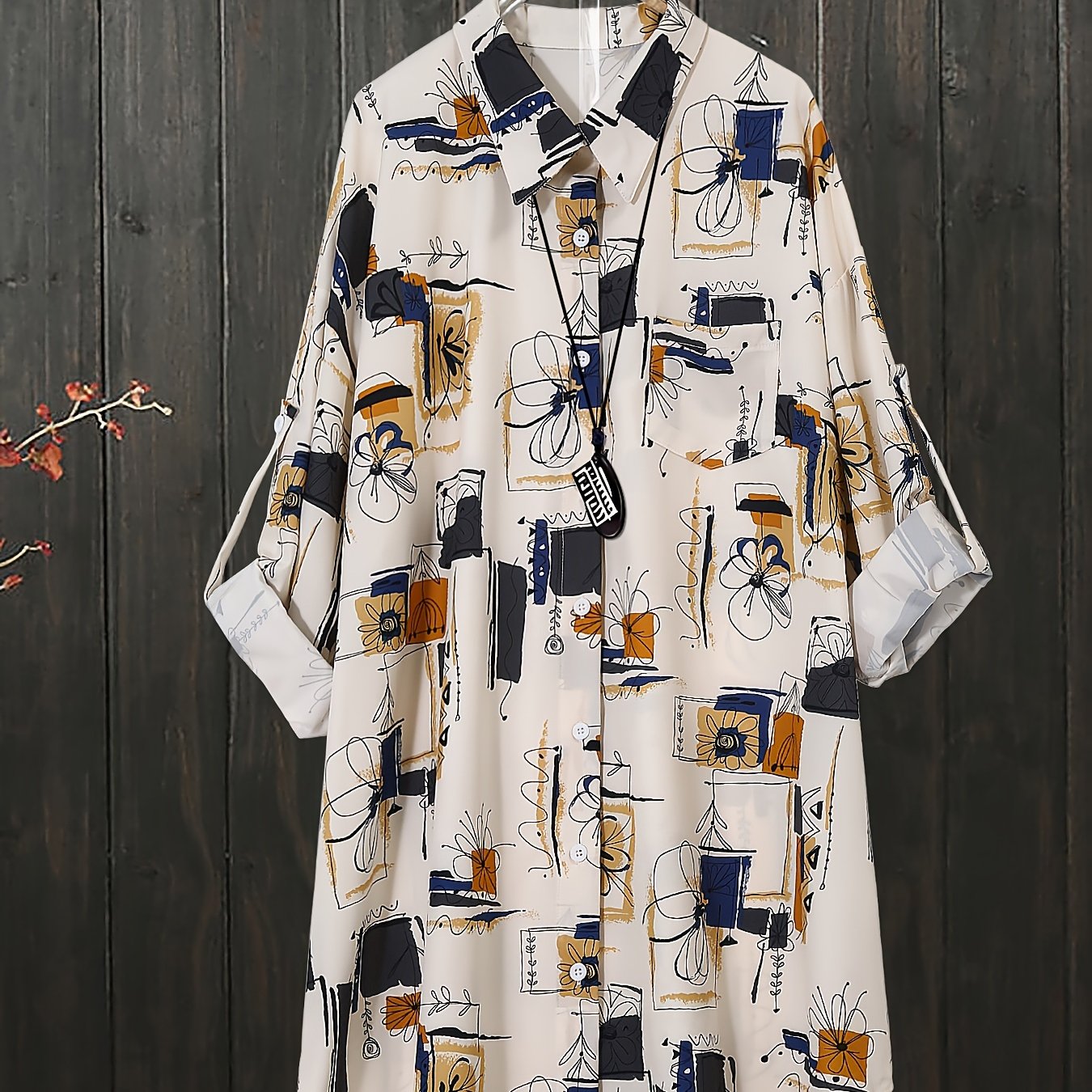 Plus Size Floral Print Long Sleeve Shirt Woven Fabric Asymmetrical Hem