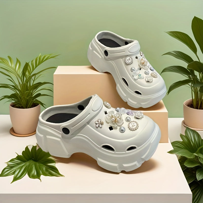 Women's EVA Clogs with Thick Sole, Floral Embellishments, Removable Accessories