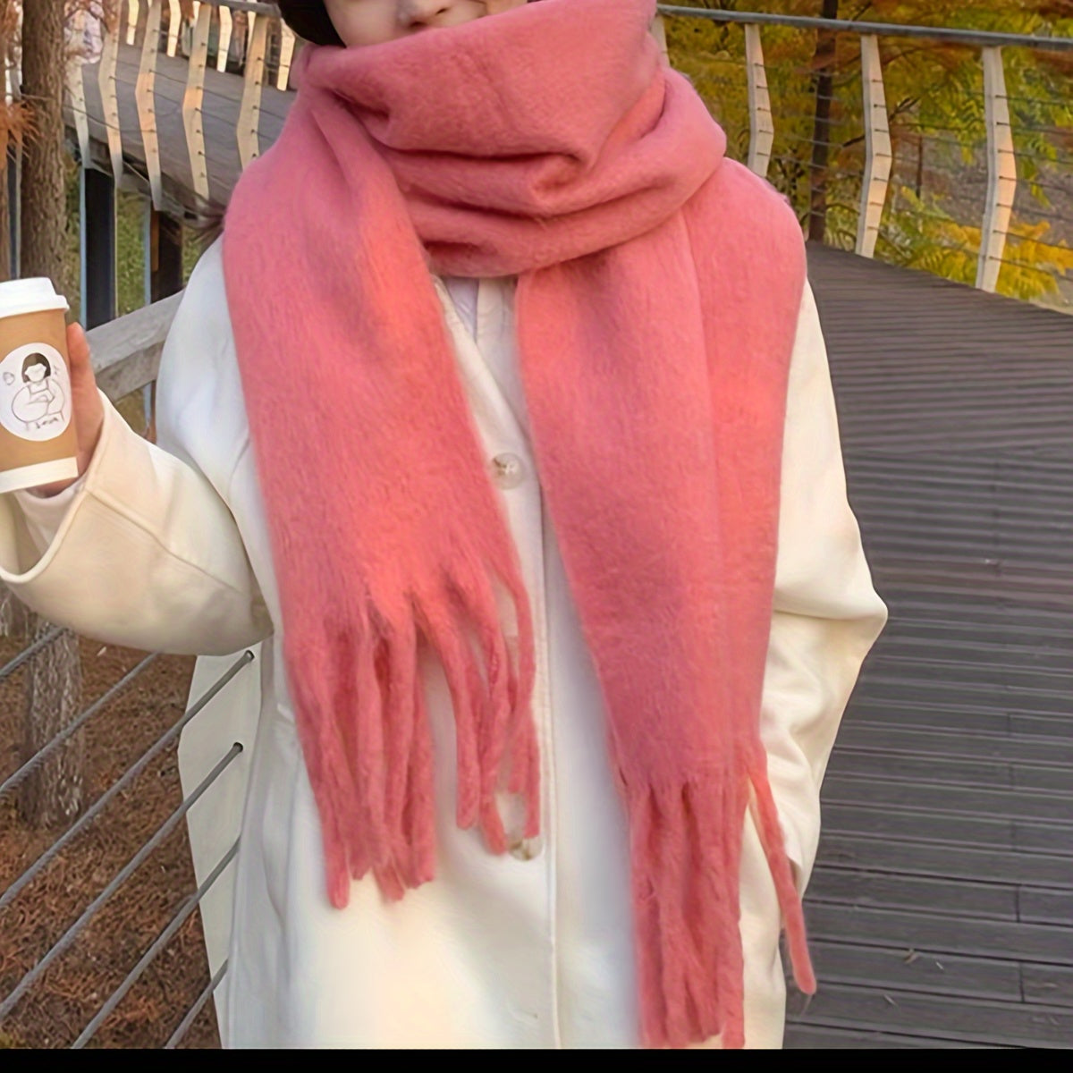 Women's Cozy Plush Solid Color Scarf with Tassels Warm Windproof Winter Shawl