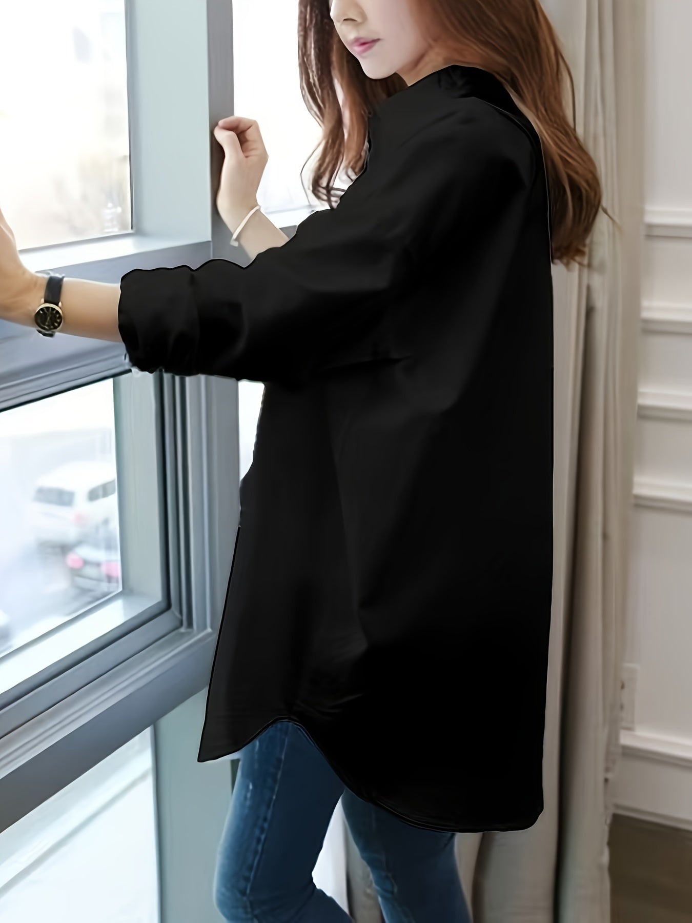 Women's Long Sleeve Blouse with Lapel Collar Button Detail Mermaid Hem Loose Fit for All Seasons