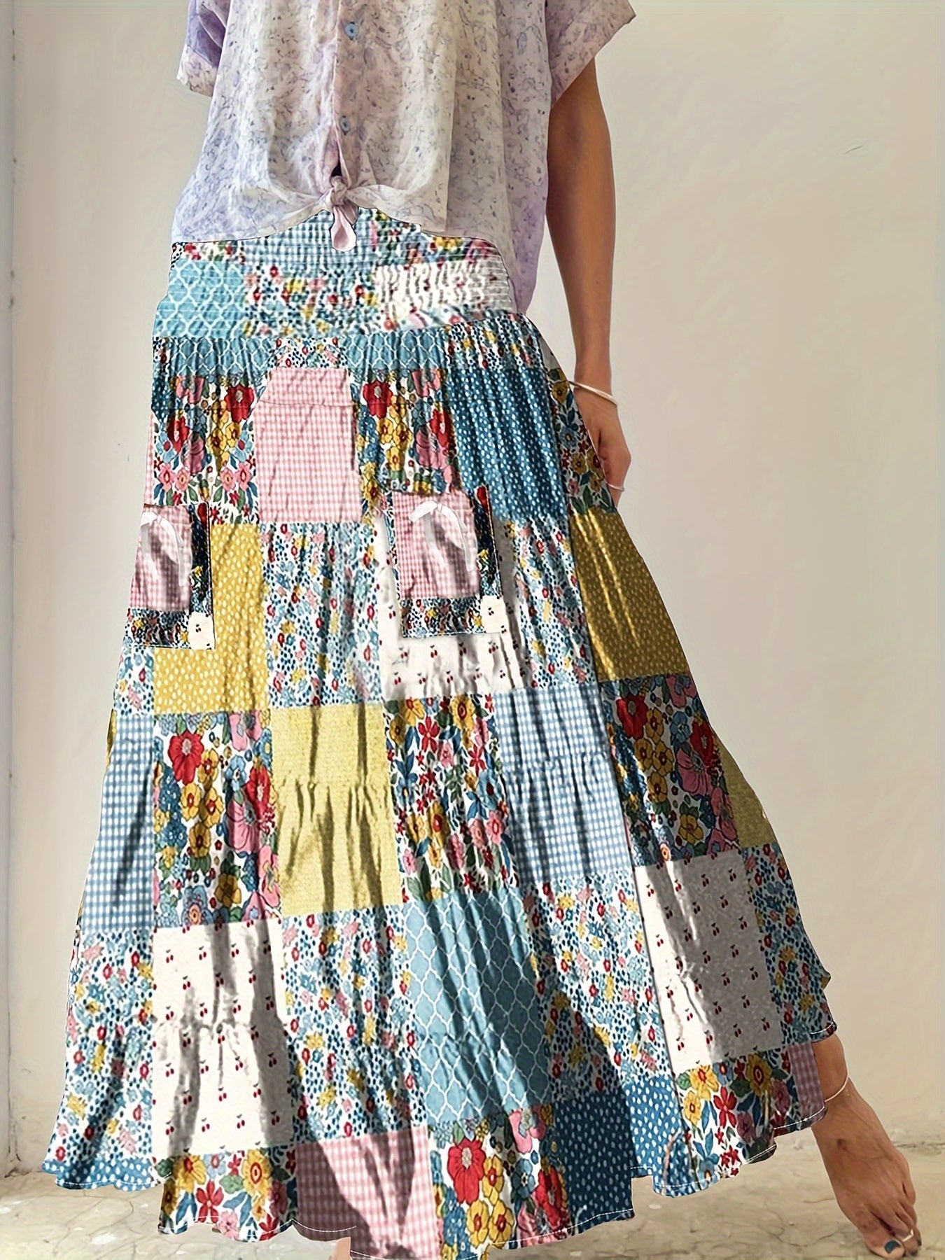 Женская цветочная юбка из полиэстера прямого кроя с сборчатой талией и карманами