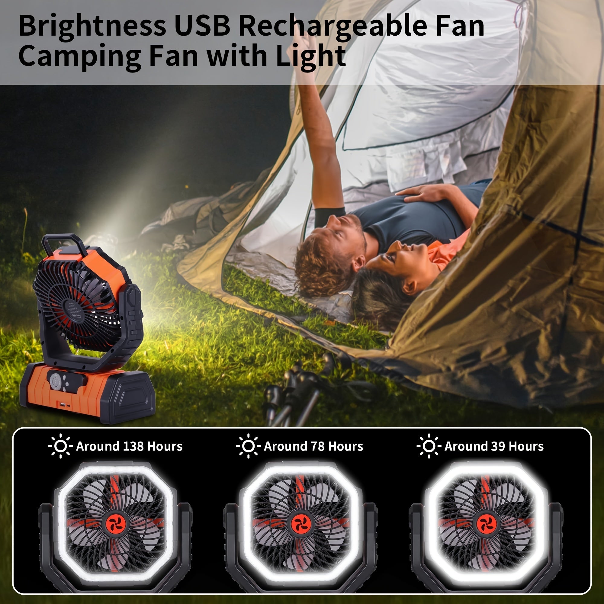 Portable Camping Fan with LED Light and 20000mAh Battery, 4-Speed, Rechargeable USB, Hexagonal Design, Orange and Black