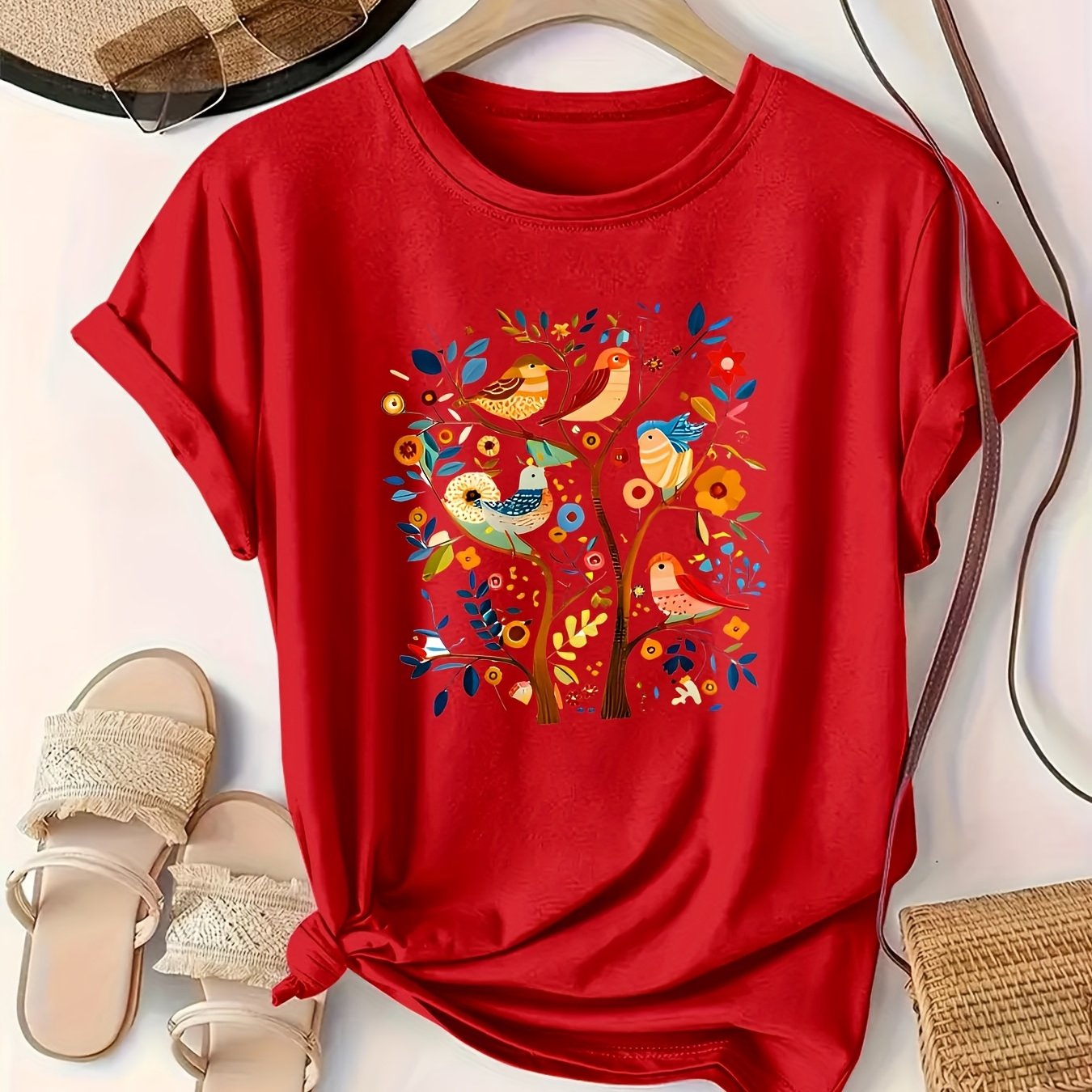 Camiseta de algodón casual para mujer de tallas grandes con estampado de aves coloridas