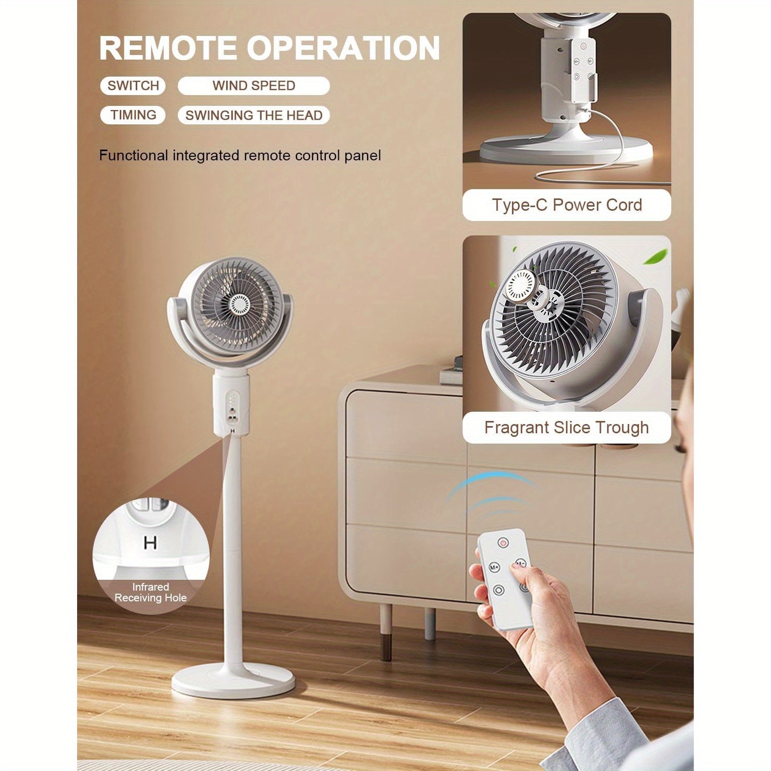 Air Circulation Fan 5 Speeds Remote Control Adjustable Height 8 Timers White