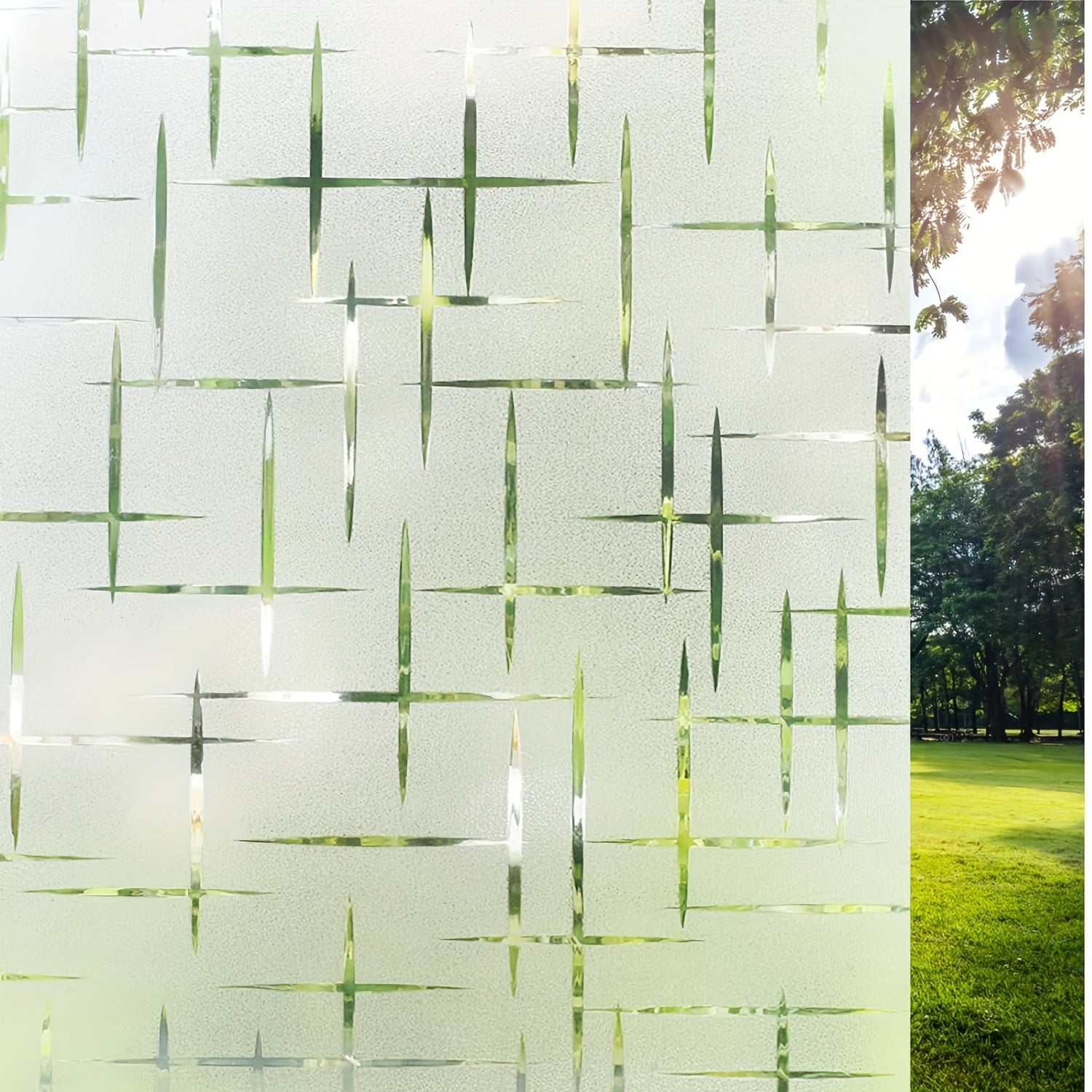 Frosted Glass Window Film with Star Cross Pattern, Non-Adhesive Static Cling, Privacy UV Protection