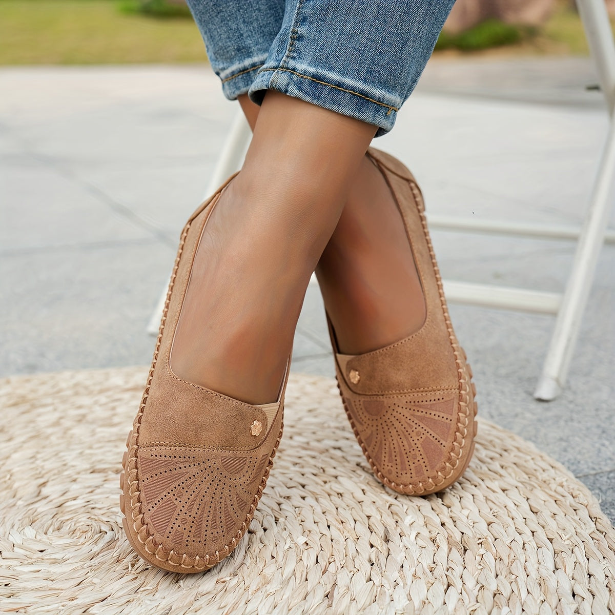 Ayollar uchun vintage gul naqshli lenta bilan yopiladigan kundalik qulay barcha mavsum poyabzali