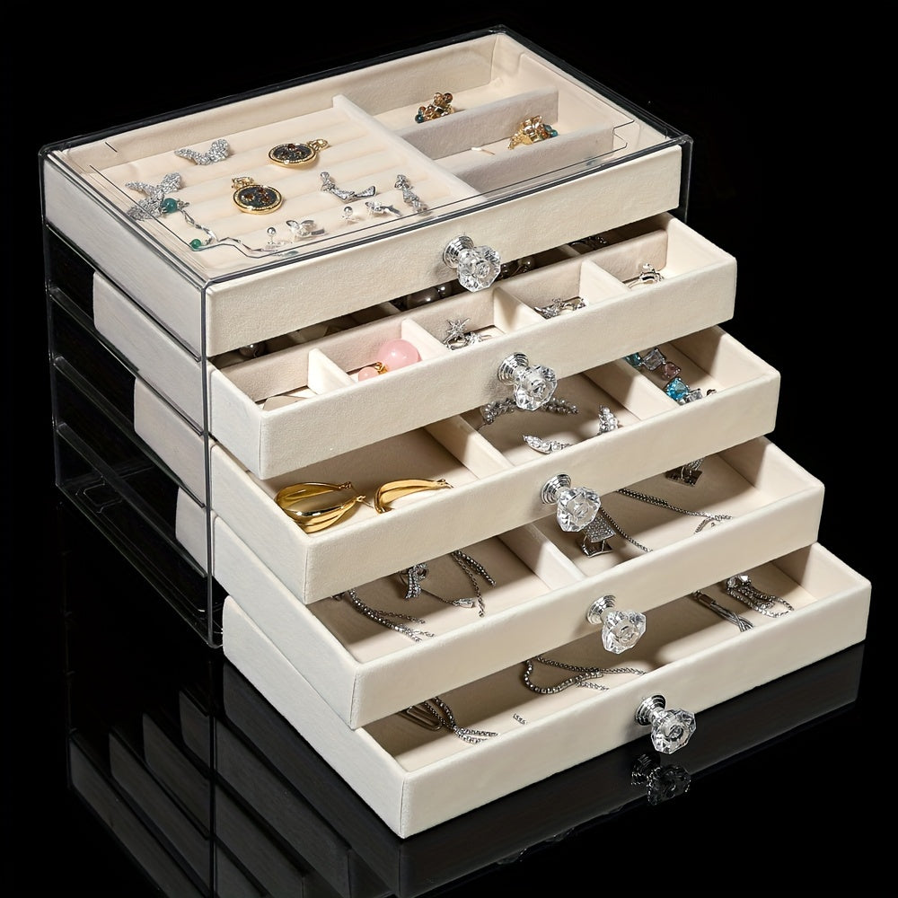 Caja de joyería de cinco capas con cajones para anillos, pendientes, pulseras y relojes. Almacenamiento de plástico con interior de tela