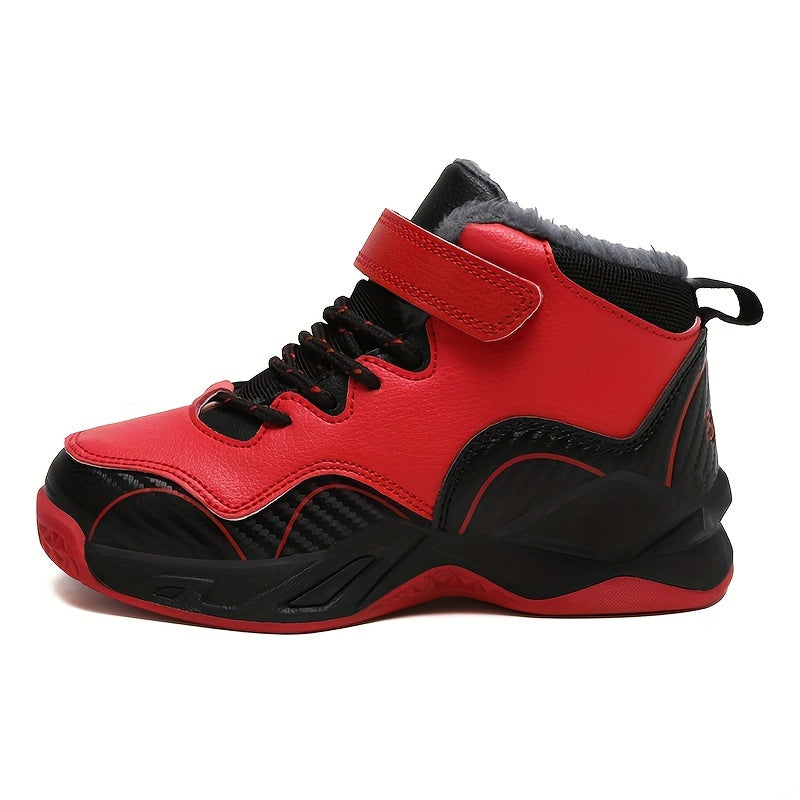 Kids Winter Basketball Sneakers High-Top Fleece-Lined Non-Slip Casual Outdoor Black White