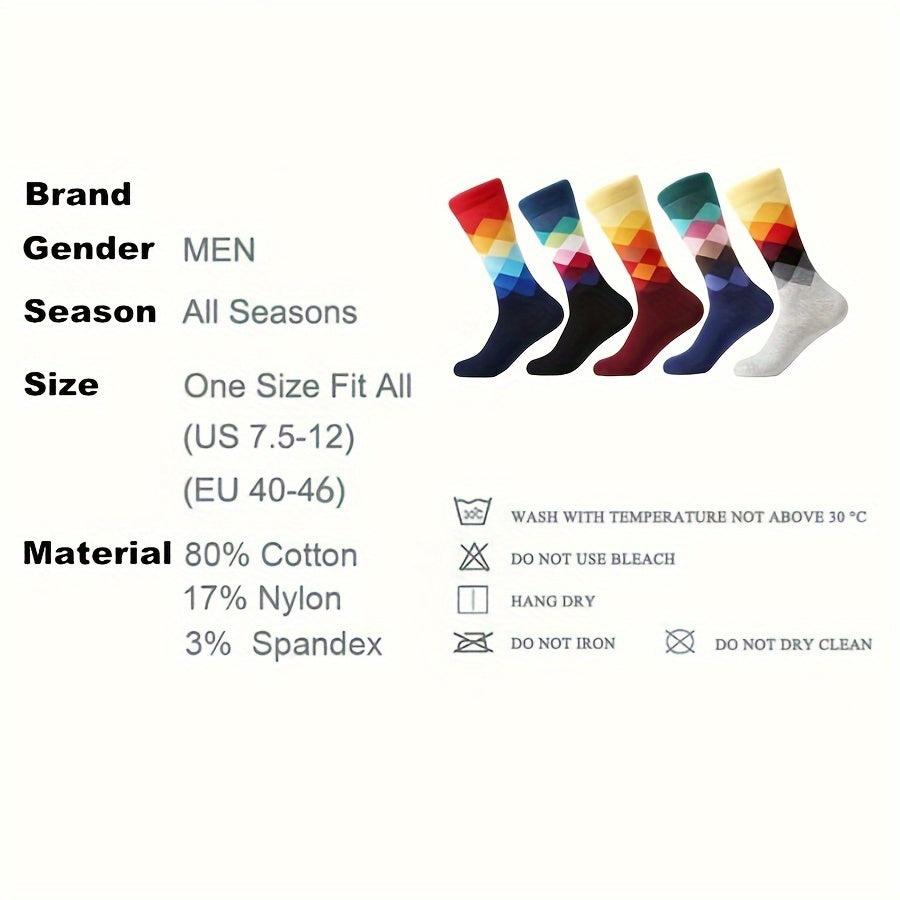Men's Cotton Argyle Socks 5-Pack Mid-Calf Colorful Diamond Pattern