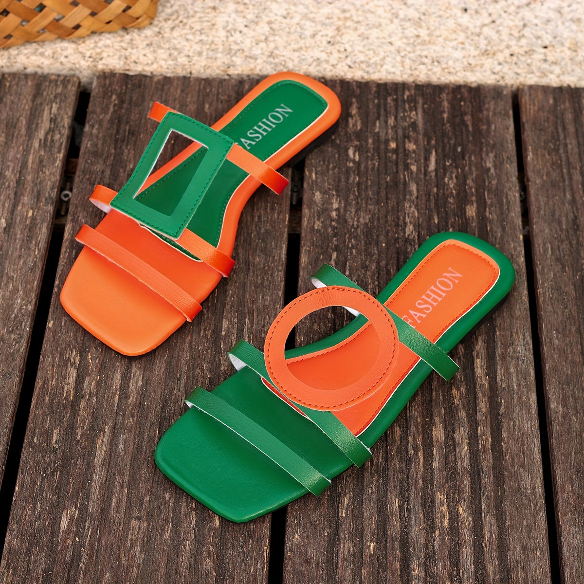Women Flat Sandals Green Orange Geometric Slip-On Open-Toe Summer Beach