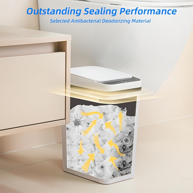 Cubo de basura automático de 8.33 L con tapa oscilante, operación con un botón, negro y blanco