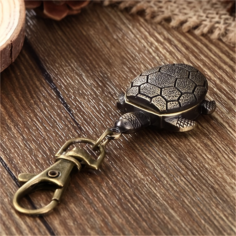 Women's Vintage Turtle Flip Cover Keychain Watch with Quartz Movement and Cartoon Pendant