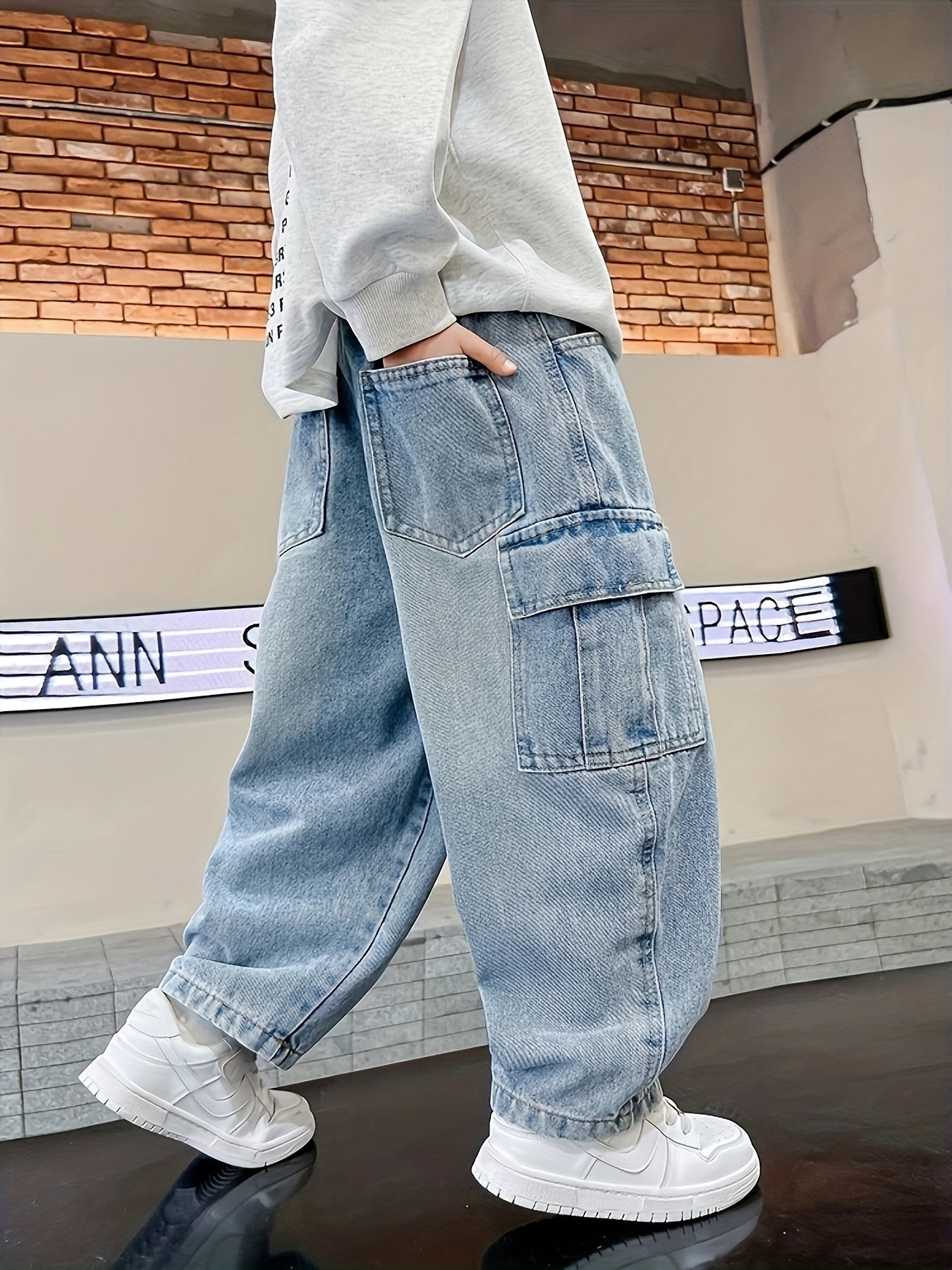 Boys Cargo Denim Jeans with Elastic Waist, Pockets, Casual All-Season