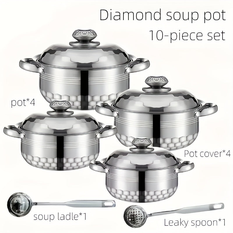 Set of 10 Stainless Steel Cookware Pots with Lids and Spoons for Soup Noodles Seafood