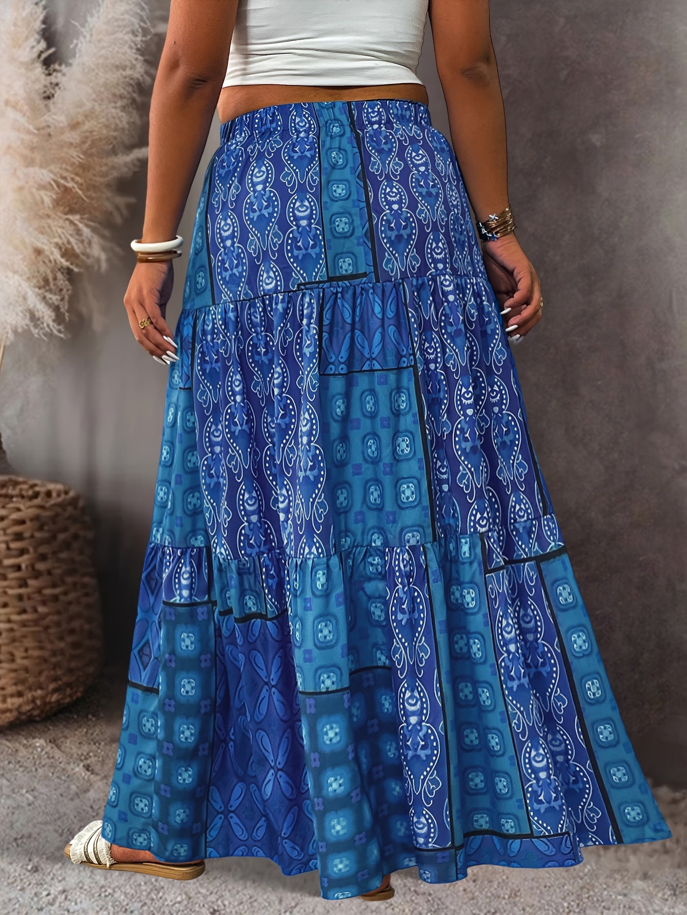 Plus Size Women's Pleated Midi Skirt with Blue Floral Print Adjustable Waist