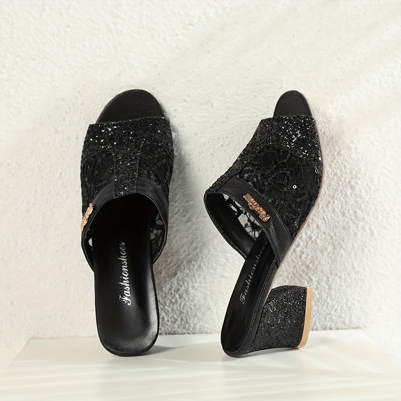 Women's Glittery Fishmouth Mid-Heel Sandals Open-Toe Slip-On Black Summer Shoes