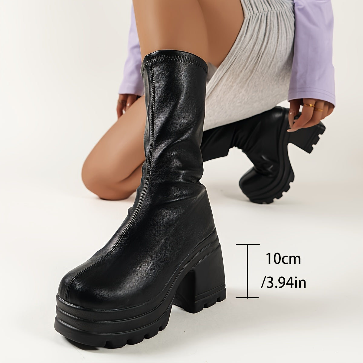 Женские обувь больших размеров черные ботинки на круглой носке с массивным каблуком для осени/зимы