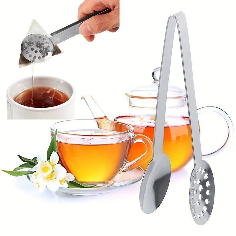 Stainless Steel Tea Bag Squeezer Tongs with Strainer and Solid Plates for Office Camping Home