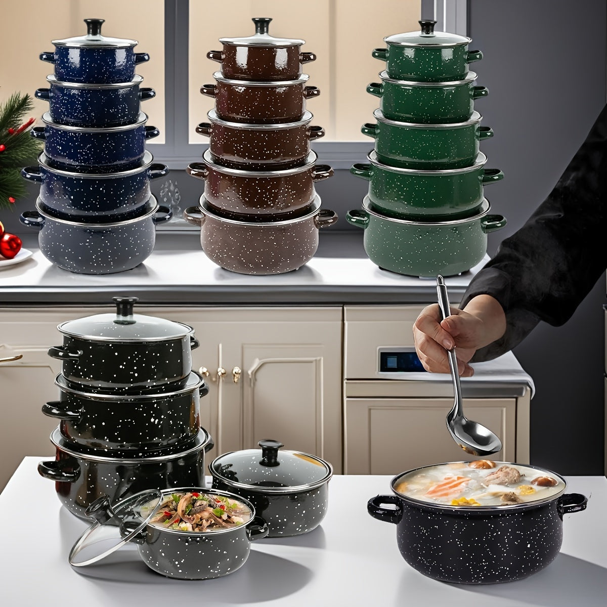 Set of 5 Enamel Cookware Pots for Soup Stew and More, Lightweight and Portable