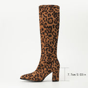 Plus-Size Leopard Print Knee-High Boots Women Faux Leather Block Heel Slip-On
