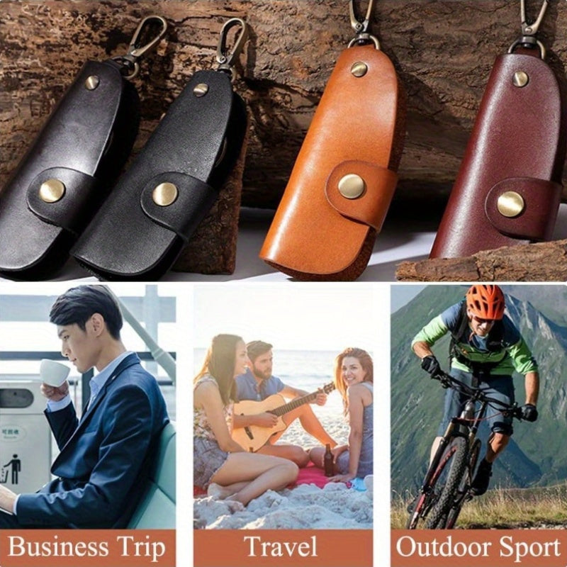 Durable PU Leather Folding Keychain Holder with Snap Closure and Hook
