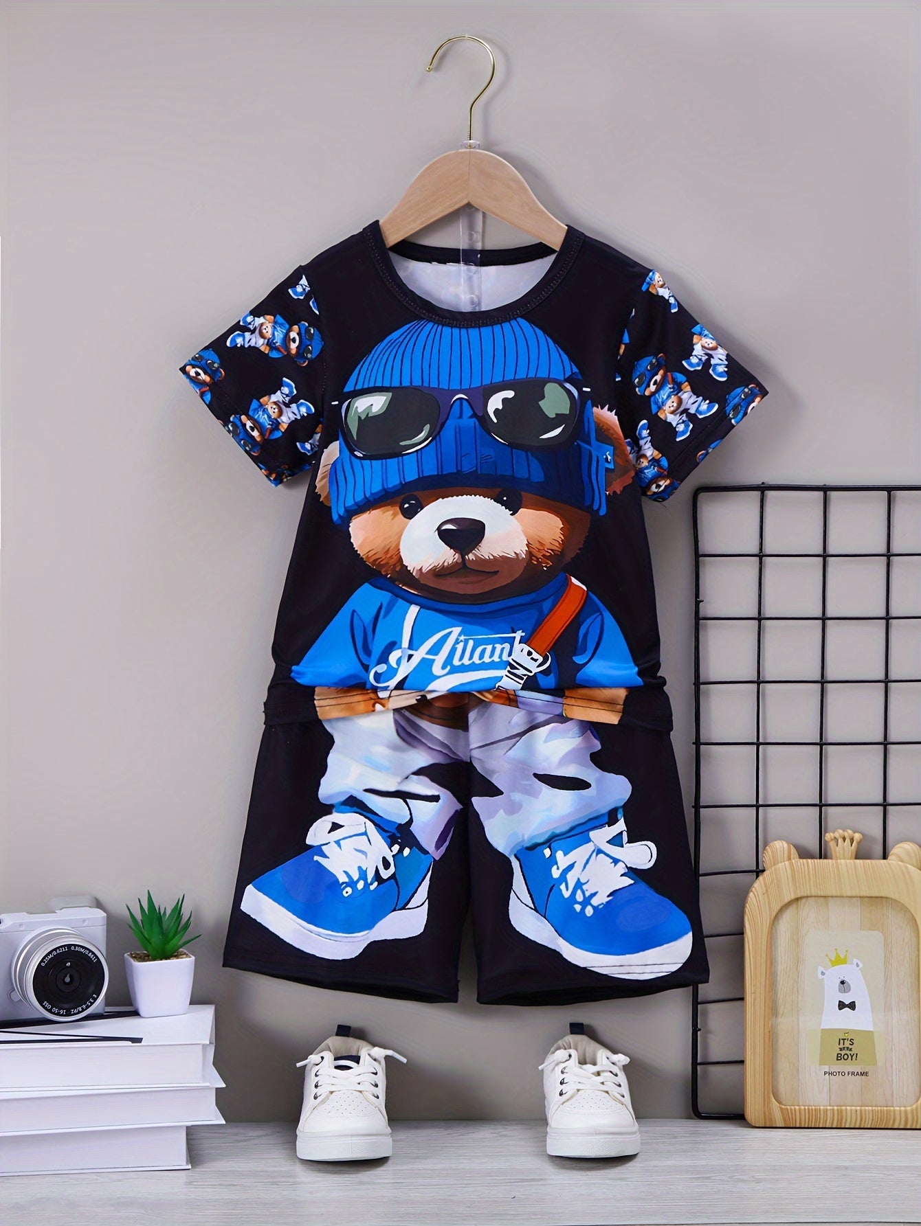 Boys Summer Casual Outfit with Bear Print Top and Shorts Polyester Spandex