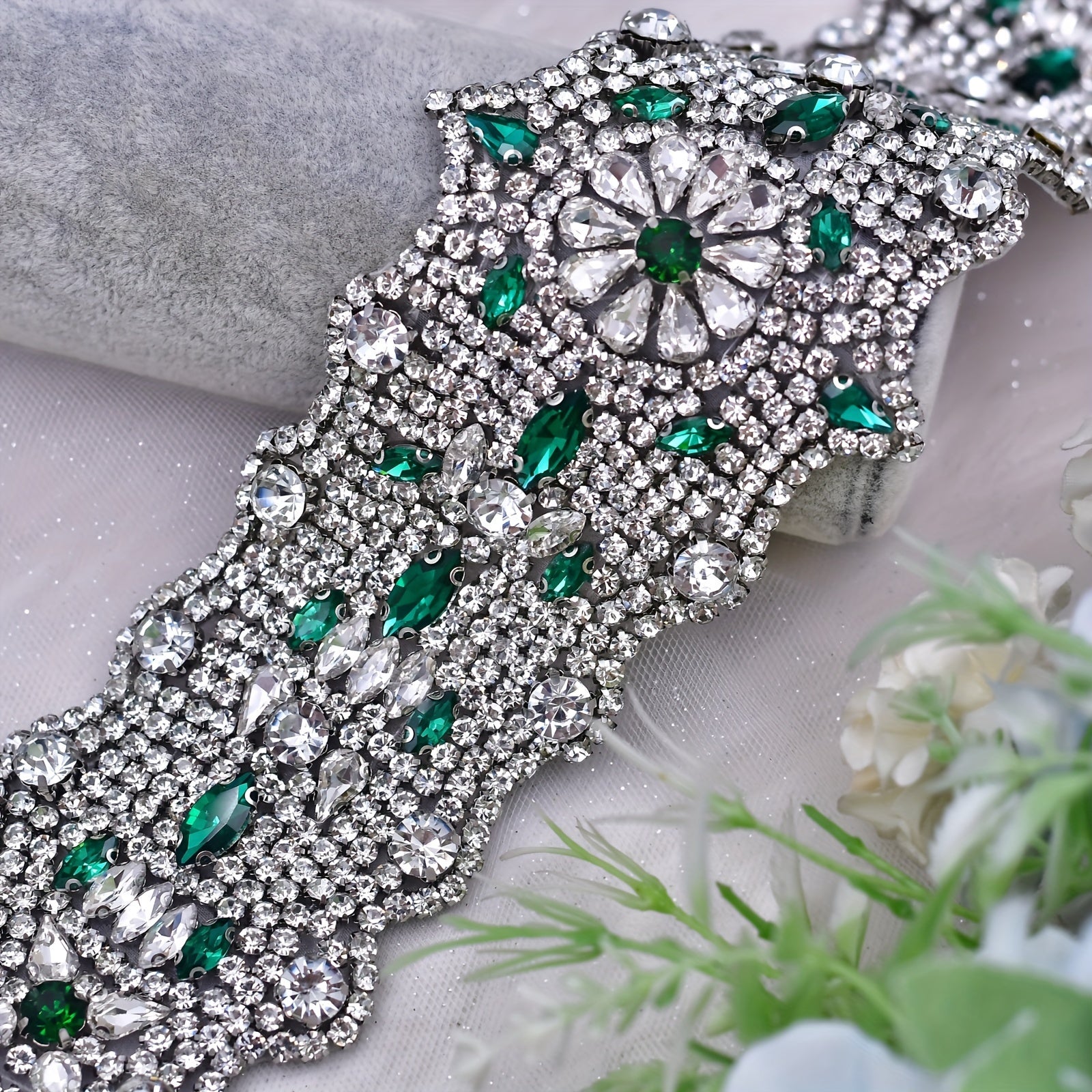 Long Rhinestone Waistband with Green Ribbon Belt for Bridal Wedding or Ball Gown
