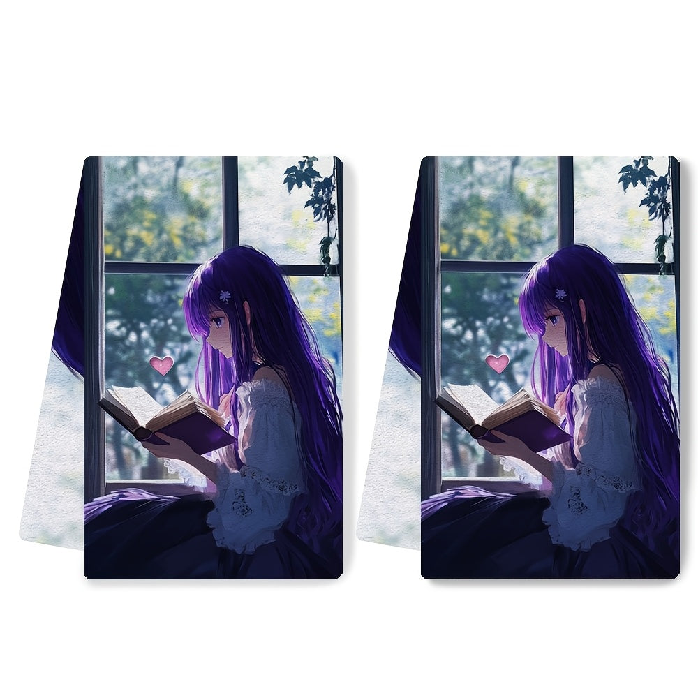 Set of 2 Ultra-Soft Kitchen Towels Anime Girl Purple Hair Absorbent Dish Towels